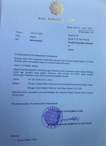 Surat Wali Nanggroe yang merekom Safrizal sebagai Pj Gubernur Aceh