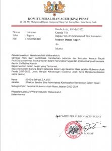 Surat Mualem yang merekom Safrizal sebagai Pj Gubernur Aceh