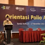 Asisten Pemerintahan dan Keistimewaan Aceh Dr M Jafar SH MHum menyampaikan sambutan Pj Gubernur Aceh, pada Pertemuan Advokasi dan Sosialisasi SUB PIN Polio atau Outbreak Response Immunization (ORI) untuk penanganan kasus lumpuh layu di Aceh, Jum'at (25/11)