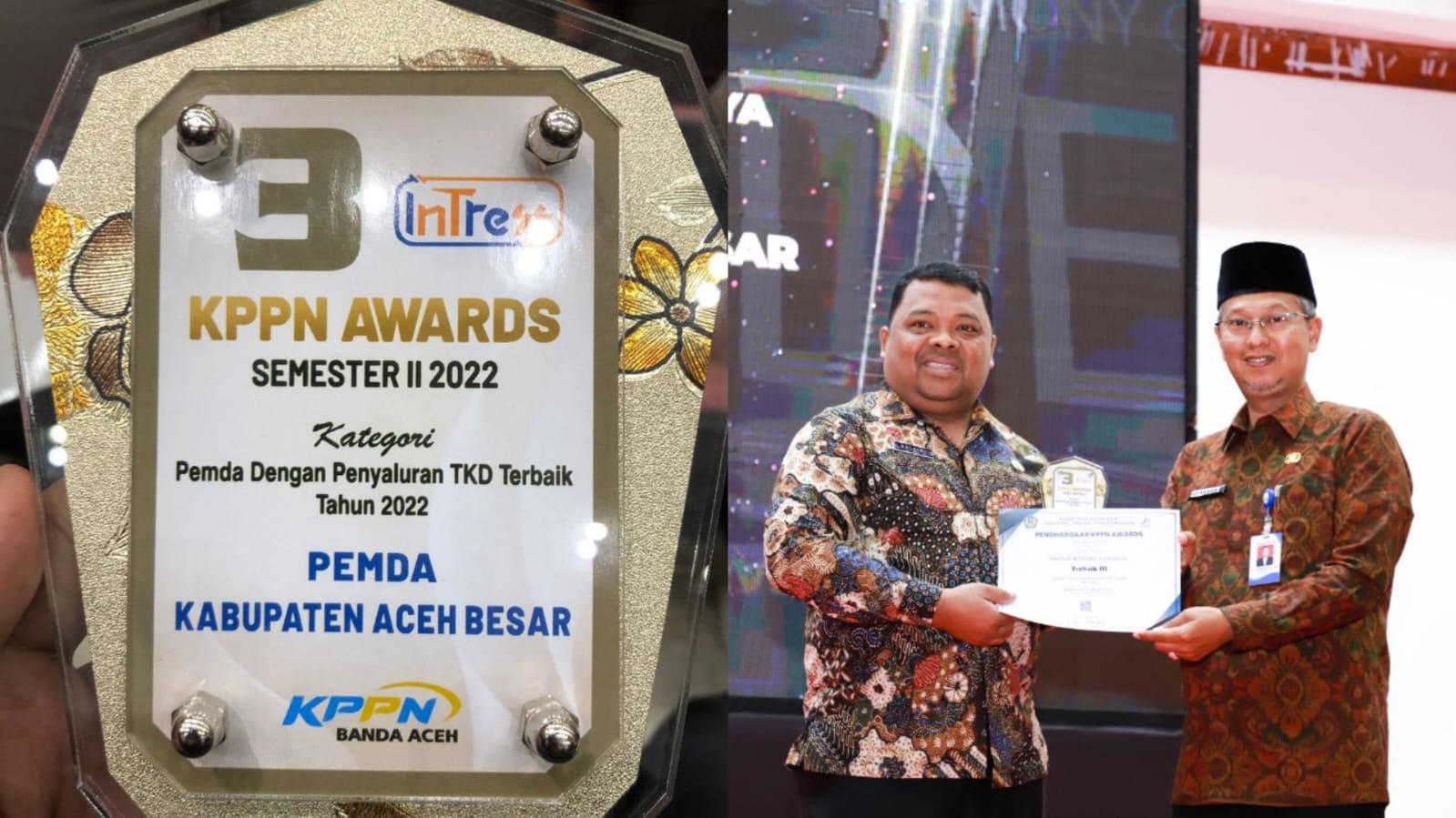 Pj Bupati Aceh Besar Muhammad Iswanto diwakili Sekda Sulaimi menerima penghargaan KPPN Awards Semester II Tahun 2022 Kategori Penyaluran TKD Terbaik di Gedung AAC Dayan Dawood Darussalam, Kamis (23/2)