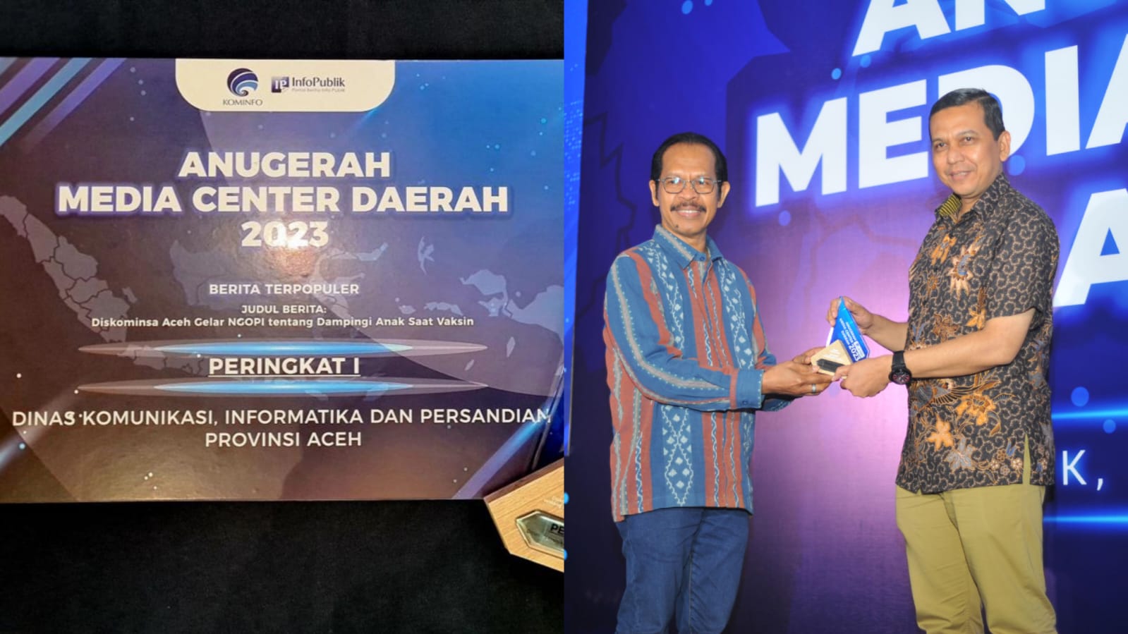 Kadis Kominsa Aceh Marwan Nusuf saat menerima penghargaan peringkat I kategori Berita Terpopuler pada Anugerah Media Center Daerah 2023, di The Margo Hotel Depok, Selasa (28/2)