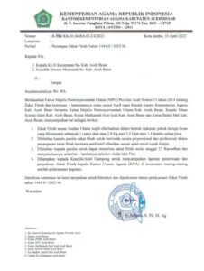 Tim Penentuan Zakat Fitrah Kabupaten Aceh Besar telah menetapkan besaran zakat fitrah untuk tahun 2023/1444 Hijriah yaitu berupa beras