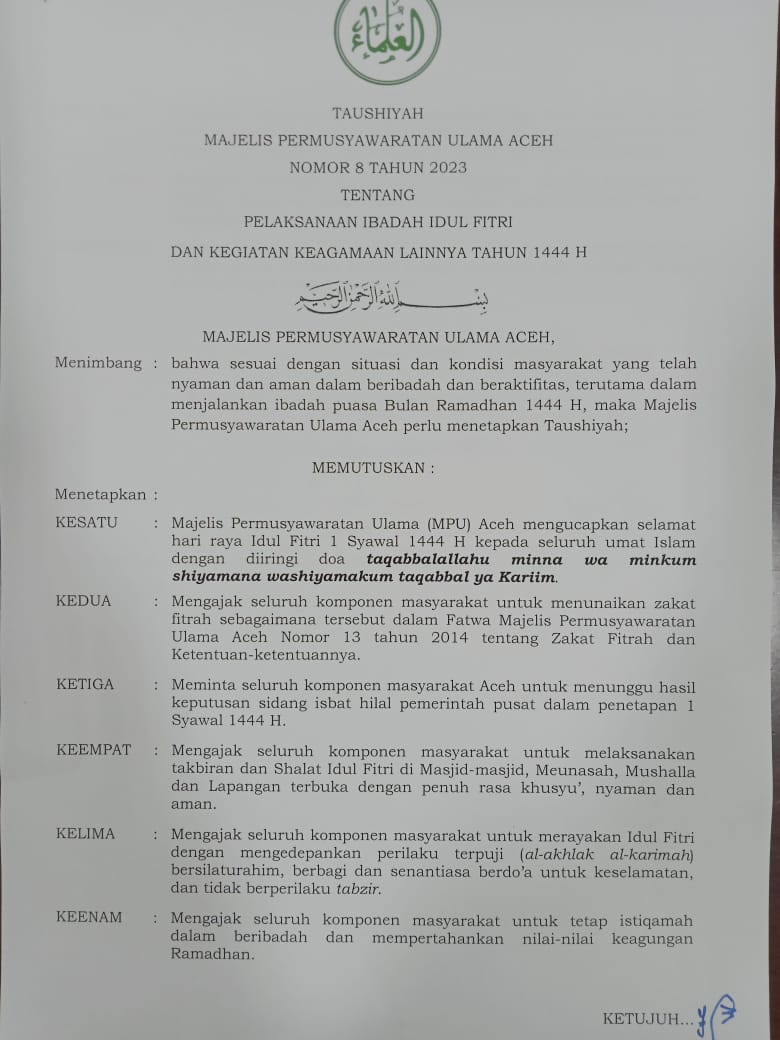 MPU Aceh menerbitkan Taushiyah Nomor 8 Tahun 2023 tentang pelaksanaan ibadah Idul Fitri 1444 Hijriah