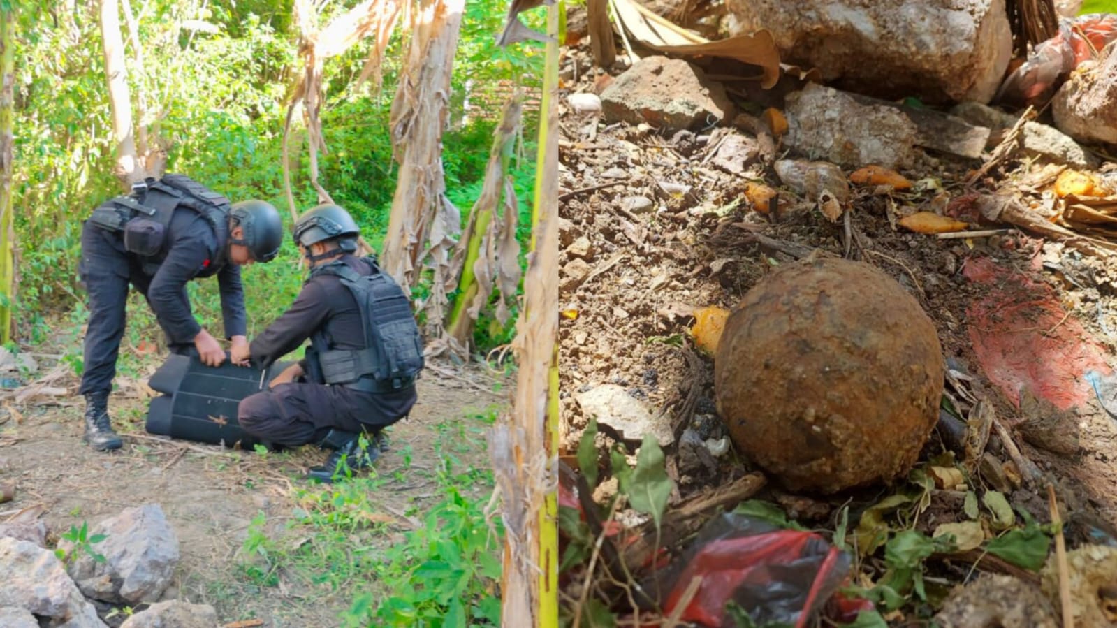 Tim Penjinak Bahan Meledak (Jihandak) Satbrimob Polda Aceh mengamankan benda diduga bom jenis mortir peninggalan Belanda di samping rumah milik Syafrial (56), warga Dusun Ujong Krueng Gampong Pango Raya Kecamatan Ulee Kareng Banda Aceh Selasa sore (20/6)