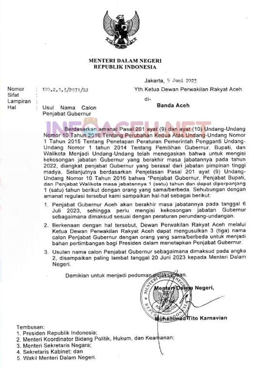 Surat Mendagri Tito Karnavian kepada Ketua DPRA yang perihal usulan nama calon Penjabat Gubernur Aceh