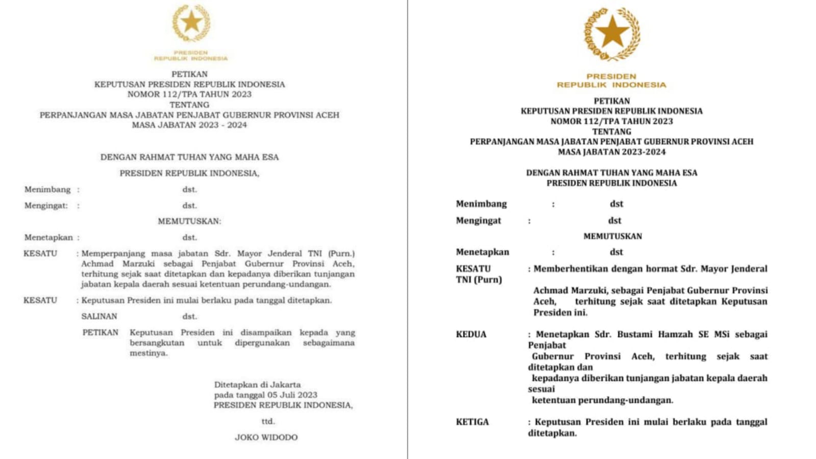 Salinan Keppres perpanjangan jabatan Achmad Marzuki dan pengangkatan Bustami Hamzah sebagai Pj Gubernur Aceh