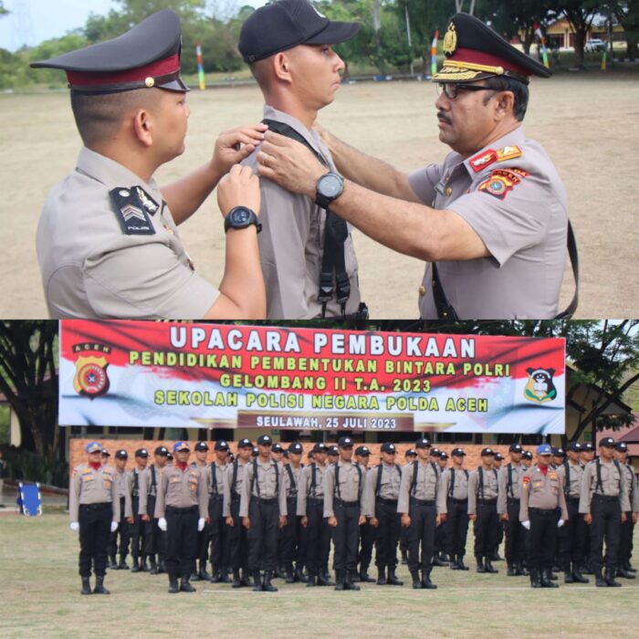 Wakapolda Aceh Brigjen Pol Syamsul Bahri menyematkan tanda siswa kepada seorang perwakilan siswa yang mengikuti Pendidikan dan Pembentukan Bintara Polri Gelombang II Tahun 2023 di SPN Polda Aceh, Seulawah, Aceh Besar, Selasa (25/7)