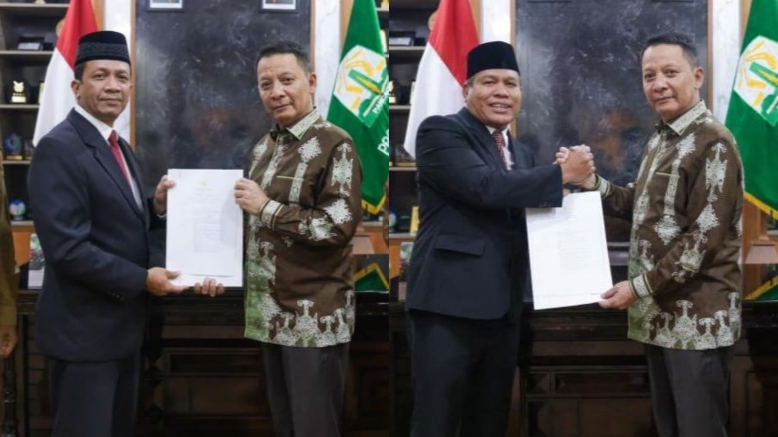 Pj Gubernur Aceh Achmad Marzuki menyerahkan SK perpanjangan masa jabatan kepada Pj Bupati Bireuen Aulia Sofyan dan Pj Bupati Abdya Darmansah di Pendopo Gubernur Aceh, Selasa sore (15/8