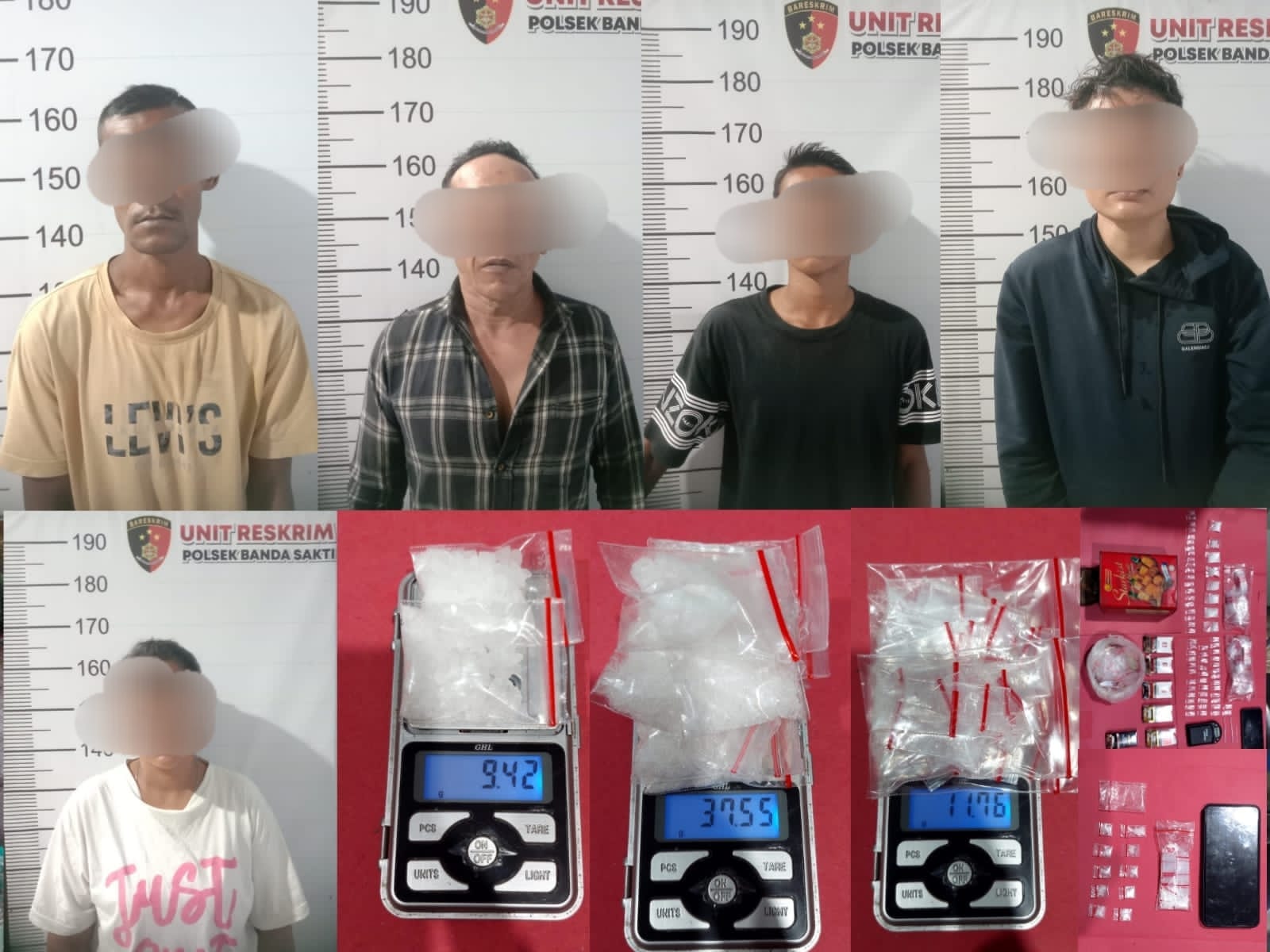 Personel Polsek Banda Sakti menciduk 5 tersangka pengedar sabu di wilayah Lhokseumawe, Senin dini hari (28/8)
