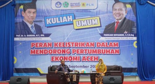 GM PT PLN Unit Induk Distribusi Aceh Parulian Noviandri mengisi kuliah umum dengan tema “Peran Kelistrikan dalam Mendorong Pertumbuhan Ekonomi Aceh ” di Universitas Samudra Langsa, Selasa (5/9)