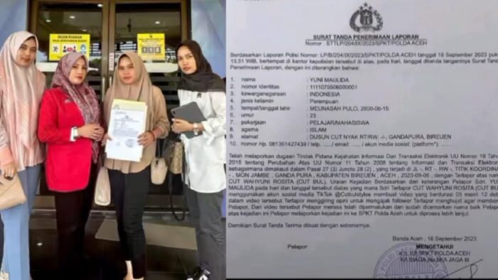 Calon tunangan almarhum Imam Masykur, Yuni Maulida (23) didampingi kuasa hukumnya melaporkan Seleb TikTok Aceh ke Polda Aceh, Sabtu siang (16/9)