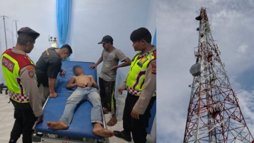 Seorang pemuda berinisial MF (20), warga Gampong Jawa Baru Kecamatan Langsa Kota berhasil dievakuasi setelah memanjat tower setinggi kurang lebih 72 meter. (Foto: Dok. Polres Langsa)