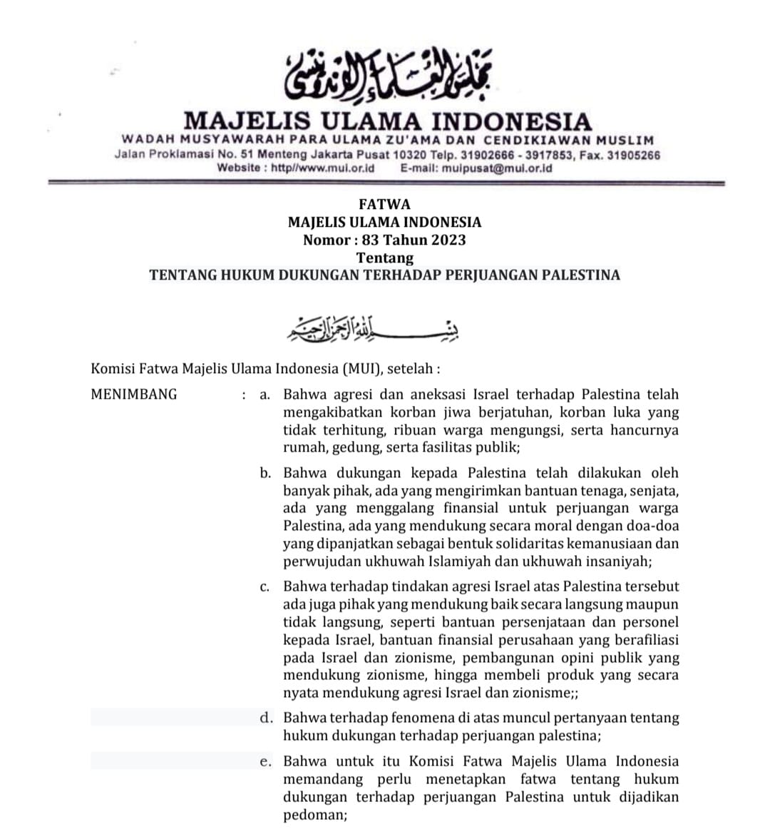 Majelis Ulama Indonesia (MUI) menerbitkan Fatwa Nomor 83 Tahun 2023 tentang Hukum Dukungan terhadap Palestina