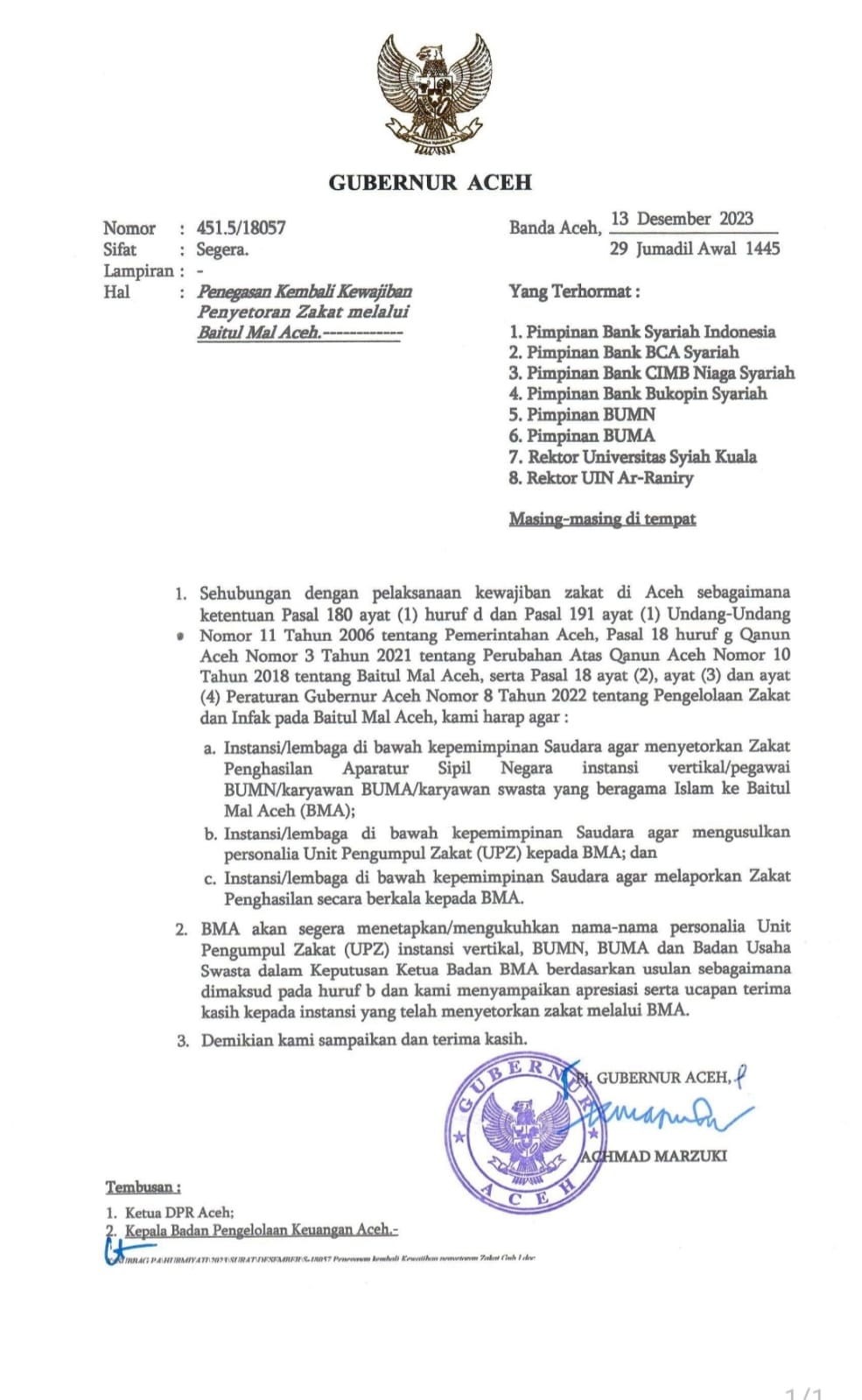 Pj Gubernur Aceh Achmad Marzuki mengeluarkan surat mempertegas amanat Qanun Aceh untuk menyetorkan zakat melalui Baitul Mal Aceh