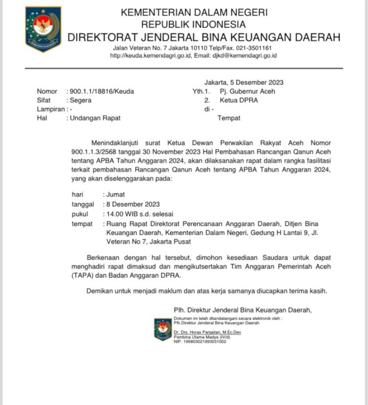 Surat pemanggilan Pj Gubernur Aceh dan Ketua DPRA oleh Kemendagri untuk menghadiri rapat fasilitasi pembahasan Rancangan APBA Tahun 2024 di Jakarta, Jum'at (8/12)