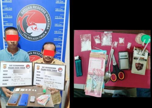 Polsek Indra Makmu Polres Aceh Timur mengamankan dua orang yang sedang mengedarkan dan menggunakan narkotika jenis sabu - sabu di Desa Julok Rayeuk Utara, Kecamatan Indra Makmu