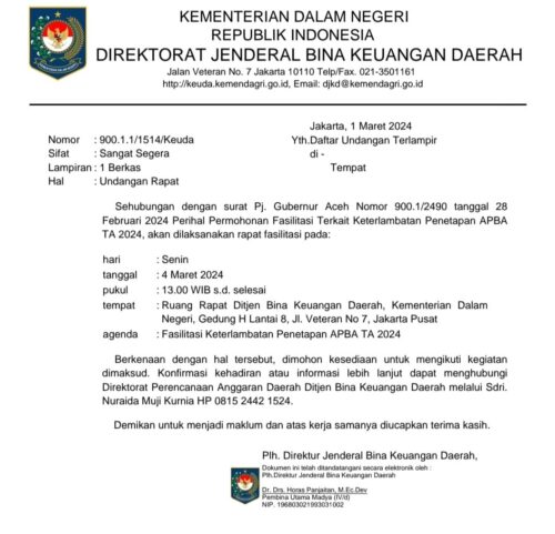 Surat undangan Plh Dirjen Bina Keuangan Daerah Kemendagri untuk menghadiri rapat fasilitasi keterlambatan APBA 2024 yang ditolak oleh Ketua DPRA