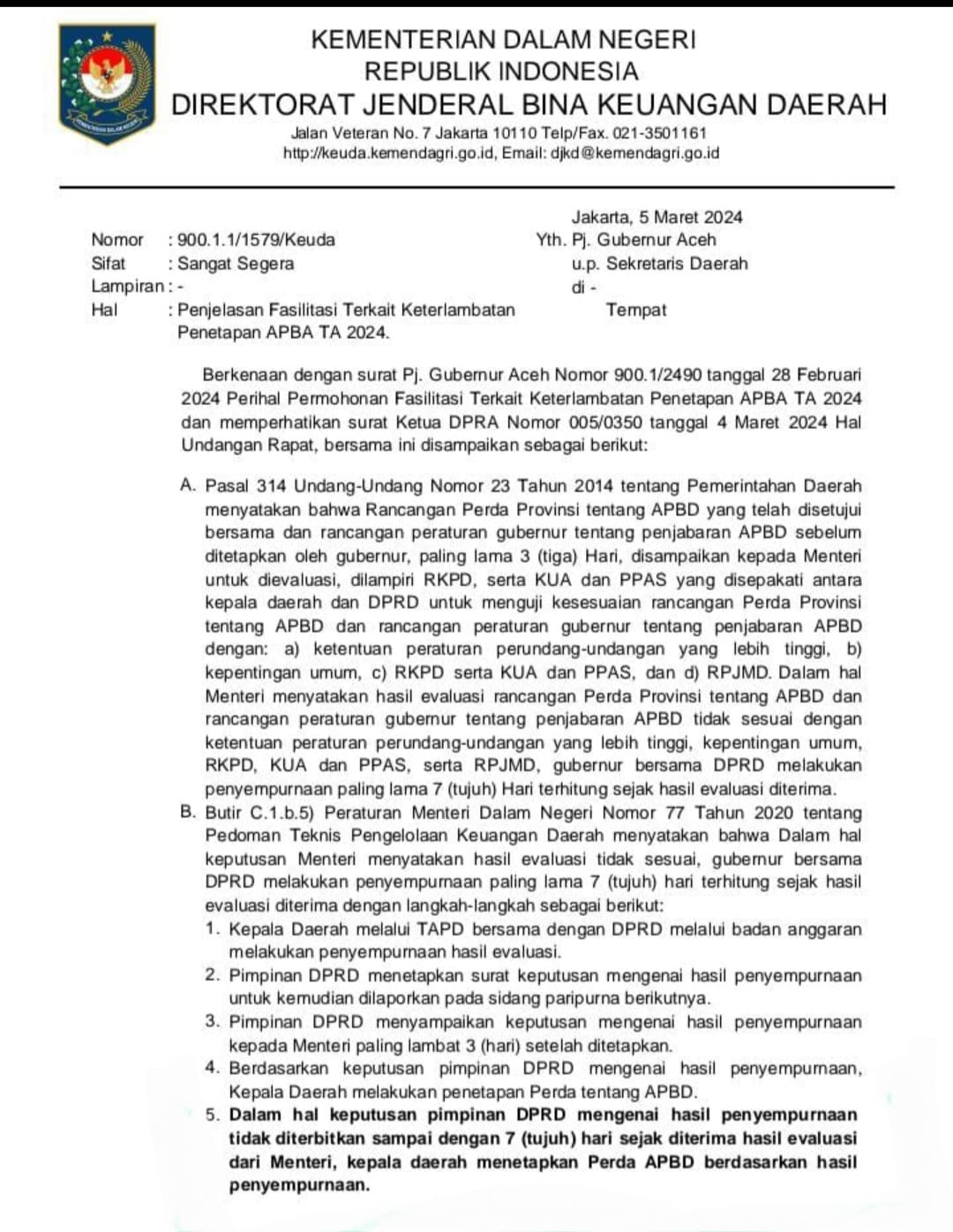 Surat Kemendagri yang mempersilahkan Pj Gubernur Aceh mengesahkan APBA tahun 2024 dengan Pergub