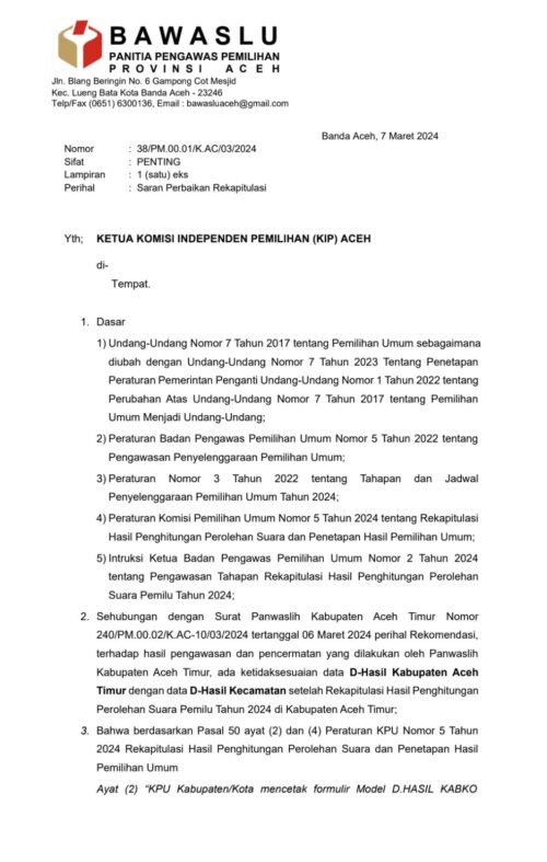 Surat Panwaslih Aceh menyarankan KIP Aceh melakukan perbaikan rekapitulasi perhitungan suara dan penetapan hasil Pemilu 2024 di Aceh Timur