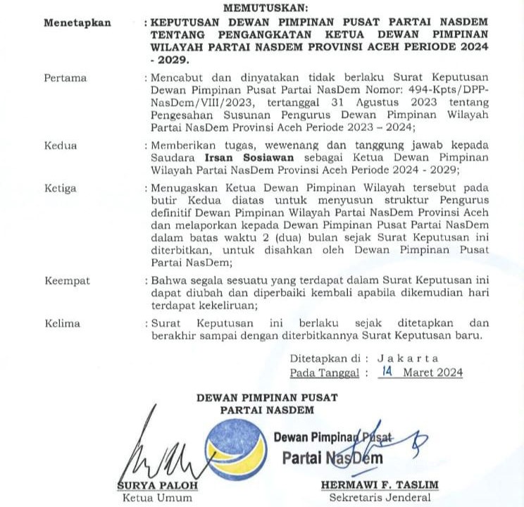 Surat Keputusan penunjukan Irsan Sosiawan sebagai Ketua DPW Partai NasDem Aceh