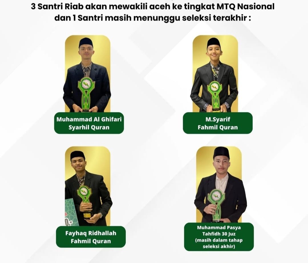 Tiga Santri Madrasah Aliyah Dayah Ruhul Islam Anak Bangsa (RIAB) Aceh Besar lulus seleksi untuk mewakili Provinsi Aceh ke MTQ ke-30 tingkat nasional 2024. Foto: Istimewa