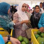 Pj Ketua PKK Aceh Mellani Subarni mengunjungi Pasar Murah Distanbun di Lokasi Expo Bank Aceh, Lampineung, Kamis (13/6/2024). (Foto: For Infoaceh.net)
