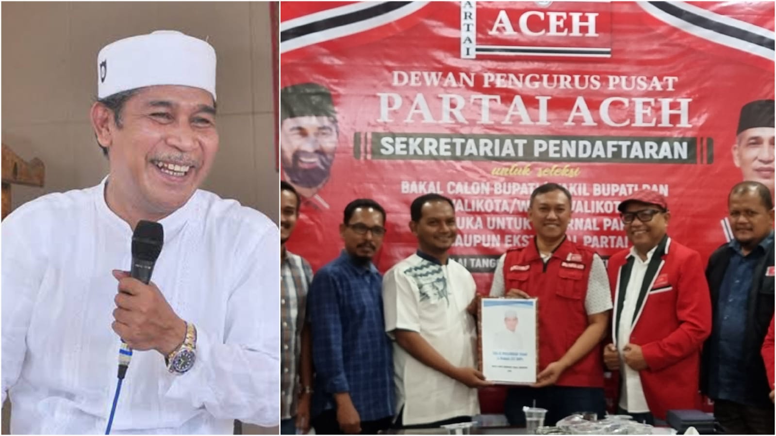 Sejumlah elemen sipil yang menamakan diri sebagai Koalisi Masyarakat Sipil Aceh mendaftarkan ulama kharismatik Aceh Tgk H Muhammad Yusuf A. Wahab atau Tu Sop sebagai bakal Cawagub pendamping Mualem ke Partai Aceh pada Senin (10/6/2024) pukul 11.00 WIB. (Foto: For Infoaceh.net)