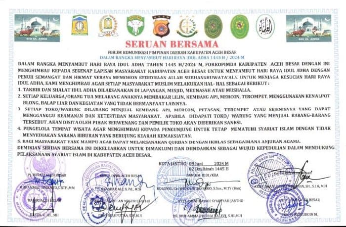Seruan bersama Forkopimda Aceh Besar menyambut Hari Raya Idul Adha 1445 Hijriah