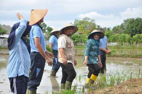 Pj Bupati Aceh Besar Muhammad Iswanto, bersama Danlanud SIM Kolonel Pnb Hantarno Edi Sasmoyo, Pj Ketua TP PKK Aceh Besar Cut Rezky Handayani, Ketua Pia Ardhya Garini Lanud SIM Tasha Andhika Ayu Patiroi, menanam padi bersama di Kompleks Lanud SIM Blang Bintang, Aceh Besar, Jum'at (21/6/2024). (Foto: For Infoaceh.net)