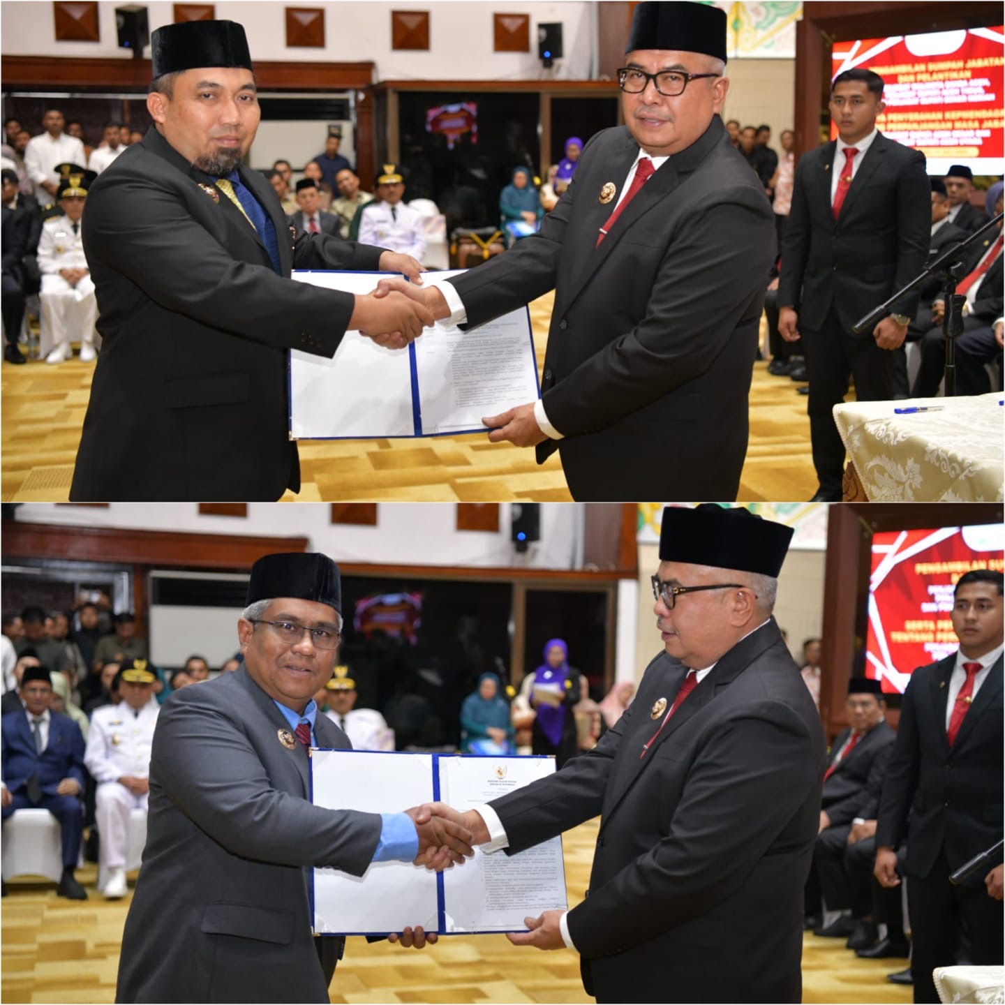 Pj Bupati Aceh Besar Muhammad Iswanto dan Pj Bupati Aceh Utara Mahyuzar menerima SK perpanjangan masa jabatan yang diserahkan oleh Pj Gubernur Aceh Bustami Hamzah di Anjong Mon Mata Banda Aceh, Ahad (14/7). (Foto: For Infoaceh.net)