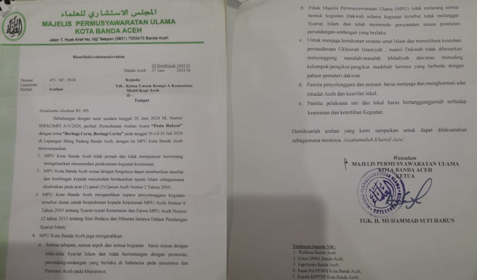 Surat arahan dari MPU Banda Aceh kepada panitia penyelenggara 'Pesta Rakyat' dan konser musik yang dilaksanakan di lapangan Blang Padang Banda Aceh 26-30 Juli 2024. Foto: Istimewa