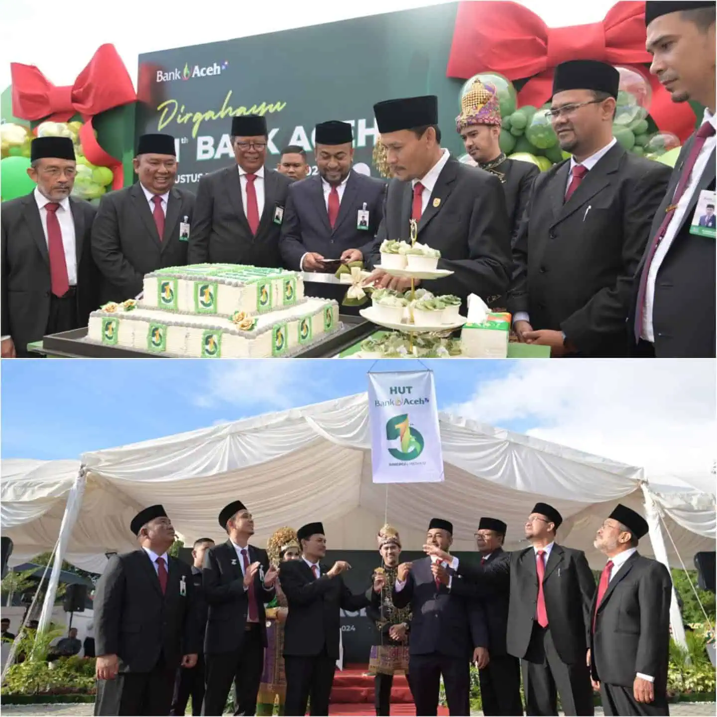 Asisten Perekonomian dan Pembangunan Sekda Aceh Zulkifli didampingi Plt Dirut Bank Aceh Fadhil Ilyas melakukan pemotongan kue dan melepaskan balon, pada peringatan HUT ke-51 Bank Aceh, di Lapangan Pusdiklat UMKM Bank Aceh, Selasa (6/8). (Foto: For Infoaceh.net)