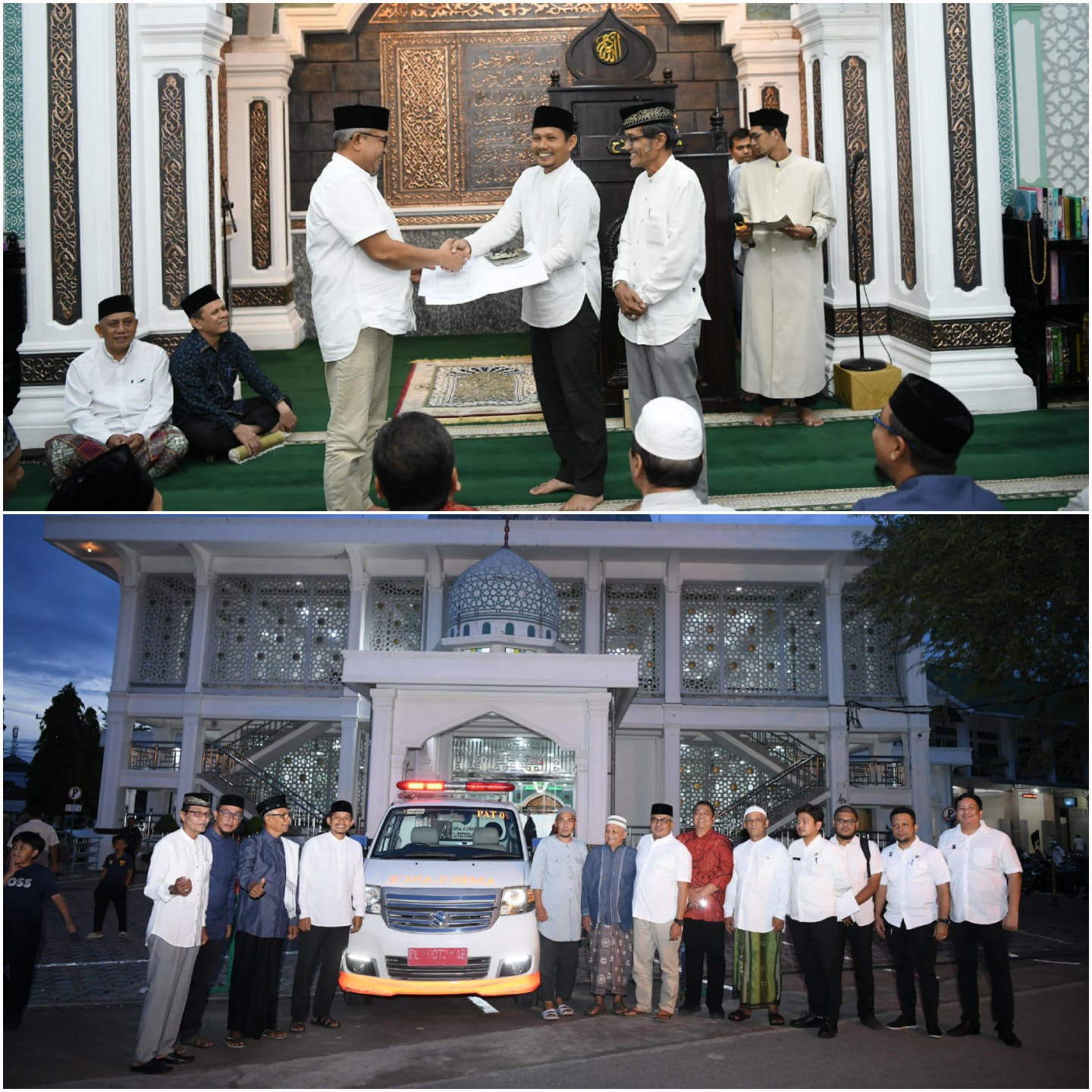 Pj Gubernur Aceh Bustami Hamzah menyerahkan 1 unit ambulans kepada masyarakat Gampong Pineung, yang diterima Keuchiek Arfil, di Masjid Darul Falah Gampong Pineung, Senin (19/8/2024). Foto: Istimewa