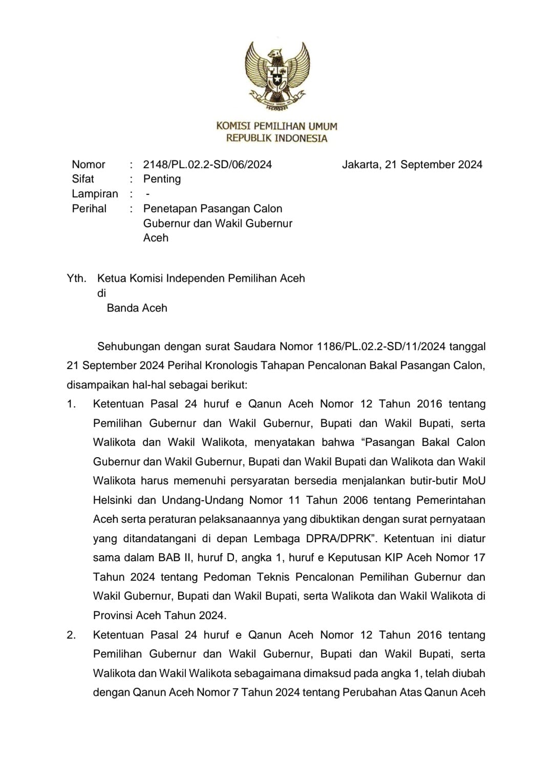 Surat KPU RI kepada KIP Aceh terkait penetapan pasangan calon gubernur/wakil gubernur Aceh. (Foto: Dok Info Aceh)