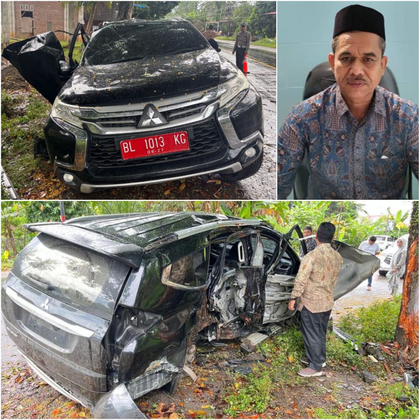Mobil dinas Kadis Kesehatan Aceh Utara Amir Syarifuddin yang mengalami kecelakaan menabrak pohon di jalan Banda Aceh-Medan Desa Bintang Hu Kecamatan Lhoksukon, Jum'at pagi (14/3) (Foto: Dok. Satlantas Polres Aceh Utara)