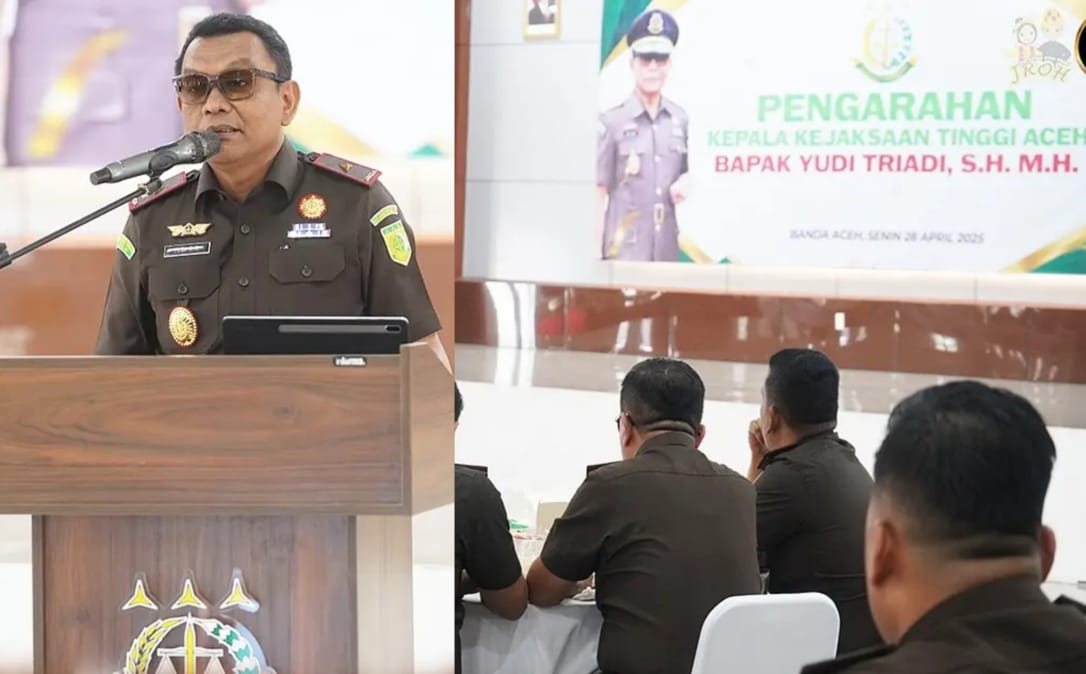 Kajati Aceh Yudi Triadi SH MH memberikan pengarahan ke jajaran pada hari pertama bertugas, Senin (28/4)