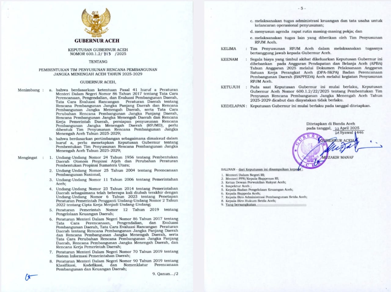 Gubernur Aceh Muzakir Manaf atau Mualem menerbitkan SK baru tentang pembentukan tim penyusunan RPJM Aceh tahun 2025-2029