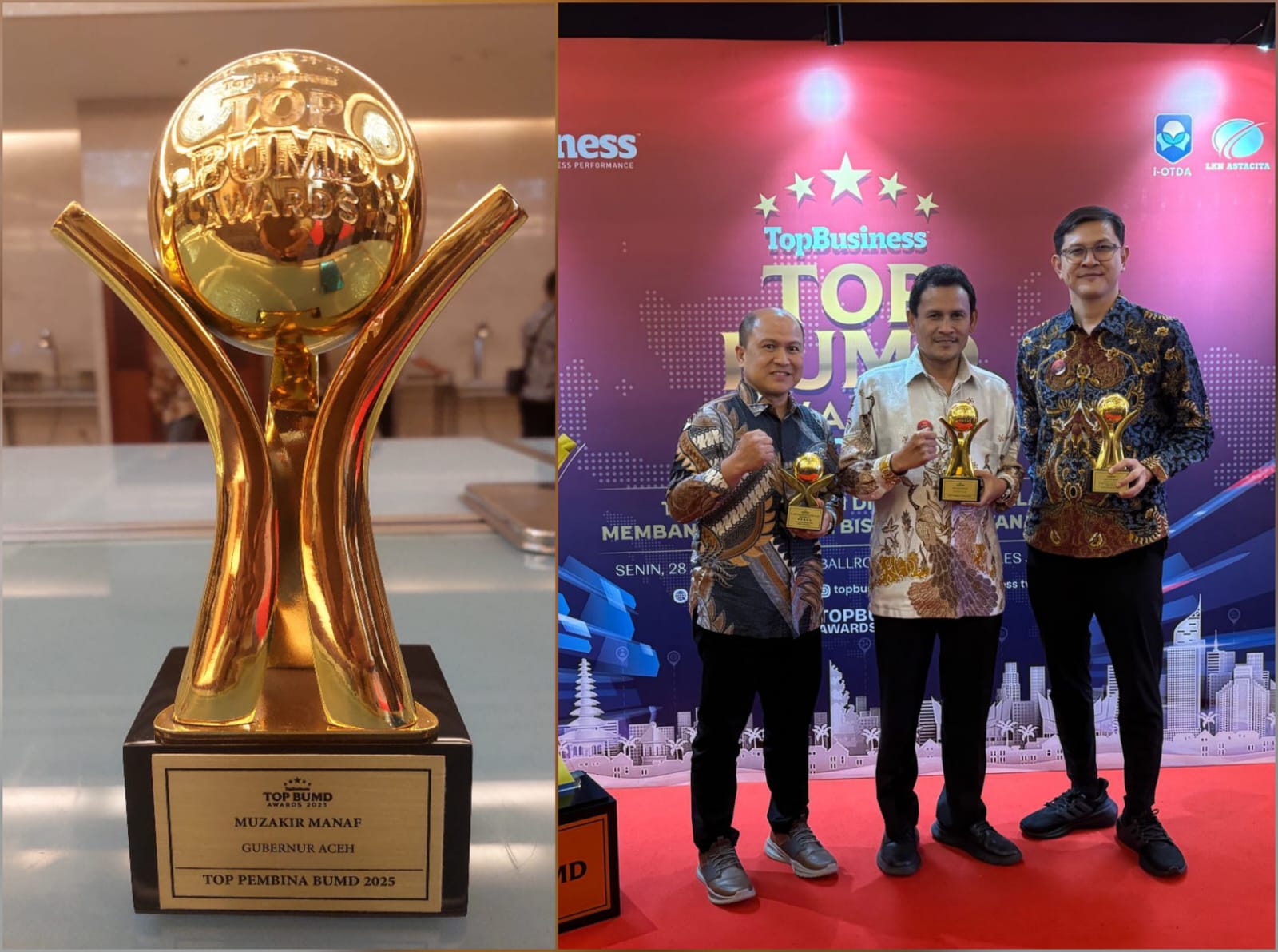 Gubernur Aceh Muzakir Manaf menerima penghargaan sebagai Top Pembina BUMD, pada acara puncak Top BUMD Awards 2025, di Ballroom Raffles Hotel, Senin (28/4)