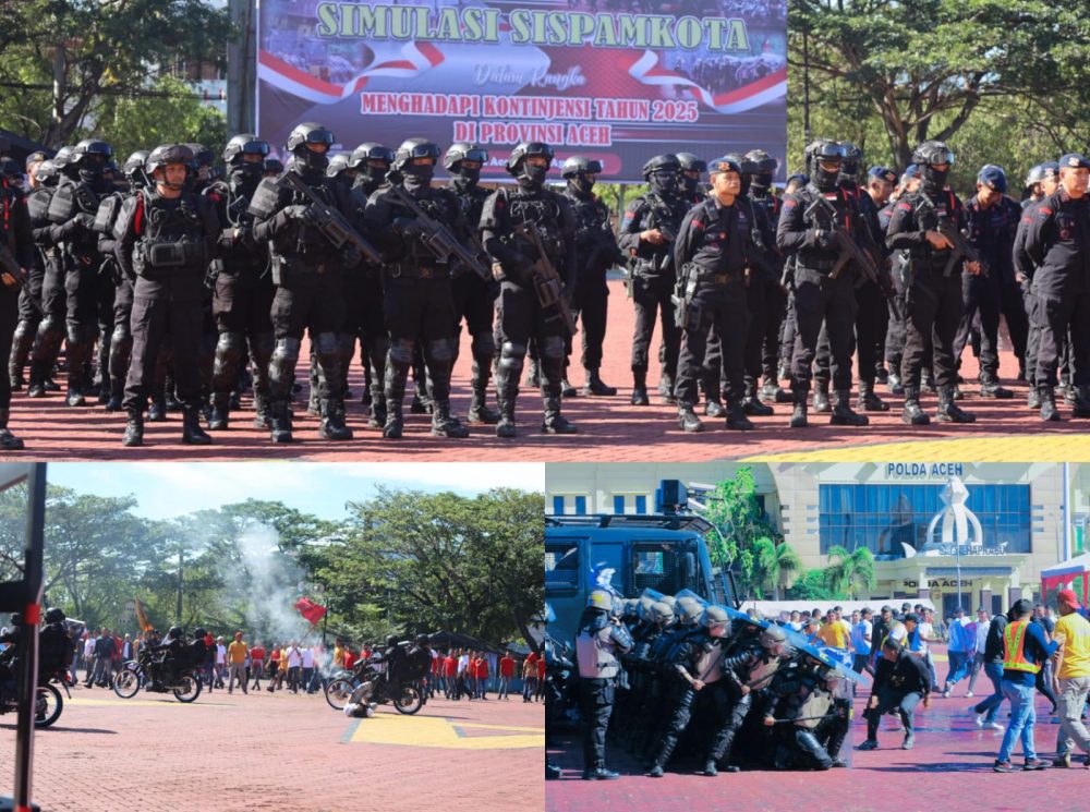 Polda Aceh menggelar simulasi Sistem Pengamanan Kota (Sispamkota) dalam rangka menghadapi kontijensi tahun 2025 di Lapangan Mapolda Aceh, Selasa, 29 April 2025