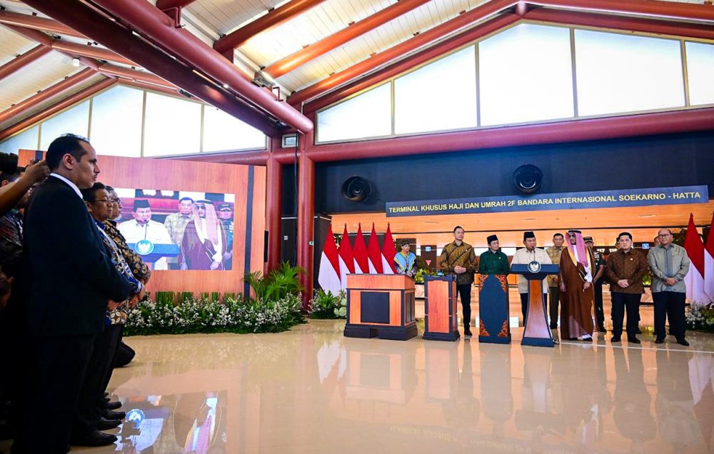 Presiden Prabowo Subianto menyampaikan sambutan saat Peresmian Terminal Khusus Haji dan Umrah 2F Bandara Internasional Soekarno-Hatta, pada Minggu, 4 Mei 2025. (Foto: BPMI Setpres)