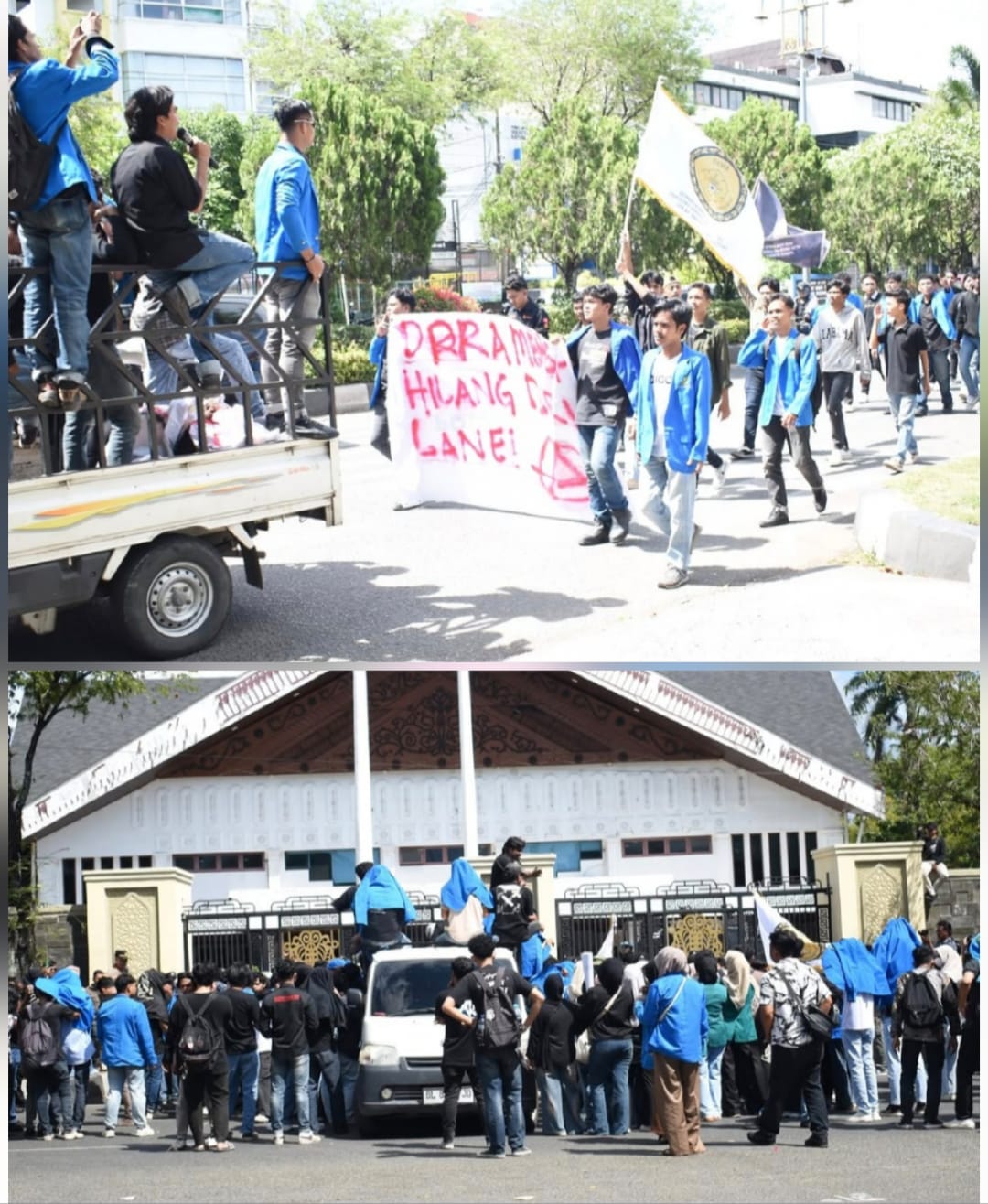Ratusan mahasiswa yang tergabung dalam Gerakan Rakyat Menggugat (GRAM) menggelar unjuk rasa menolak rencana pembangunan empat Batalyon TNI di depan Gedung DPRA Rabu siang (7/5). (Foto: For Infoaceh.net)