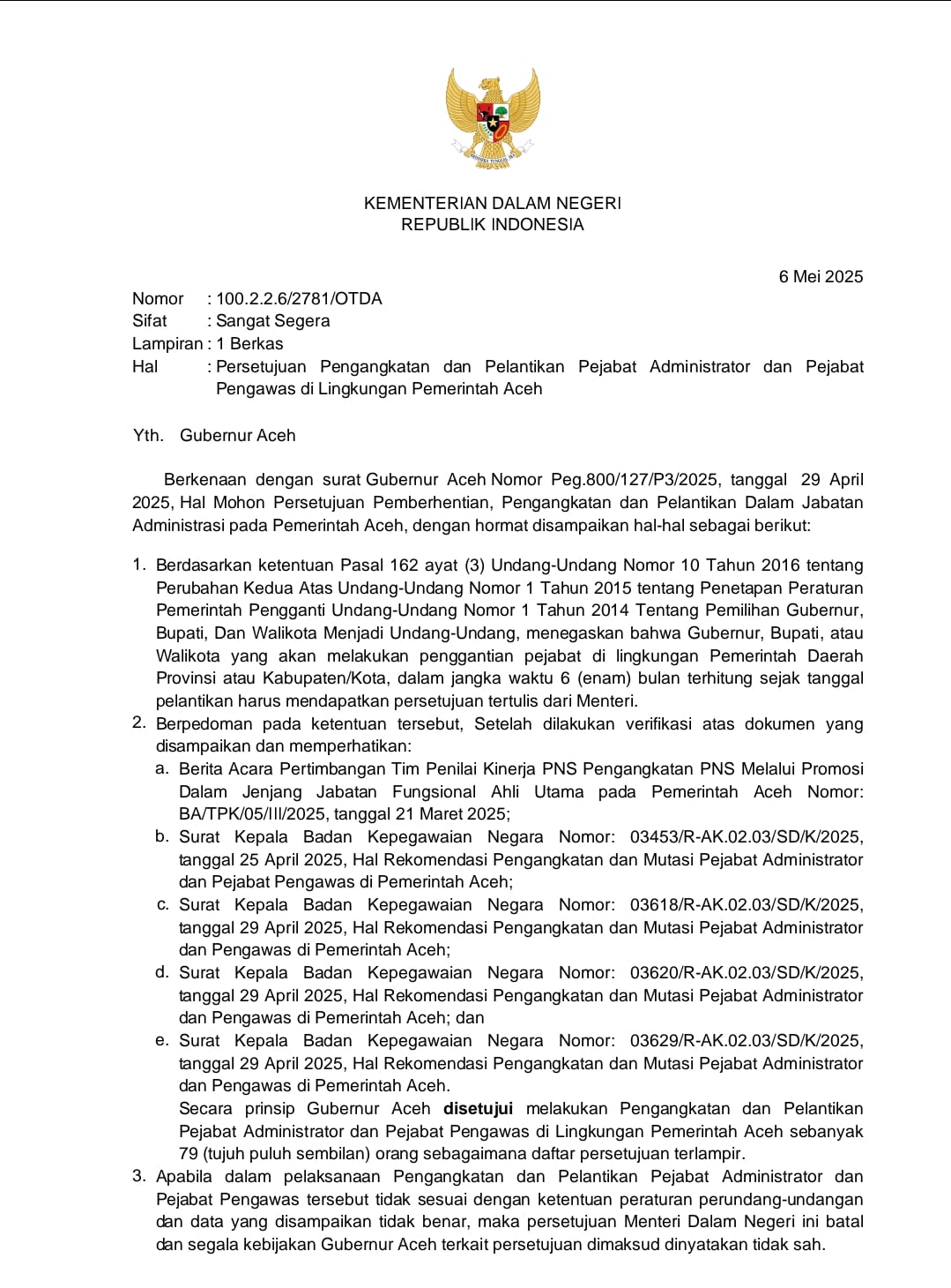 79 Pejabat Eselon III dan IV Pemerintah Aceh Disetujui Mendagri untuk Dilantik