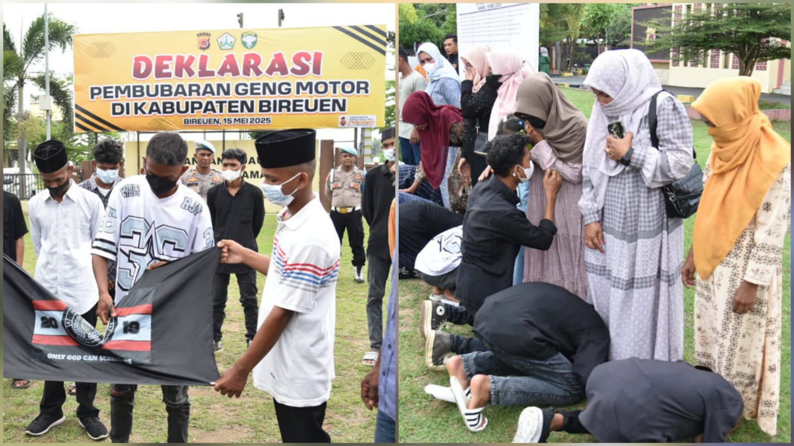 Pembubaran geng motor Pasukan Jalan Sadis (PJS) dengan membakar bendera dan minta maaf ke orang tua dalam sebuah deklarasi yang berlangsung di lapangan Mapolres Bireuen, Kamis (15/5). (Foto: For Infoaceh.net)