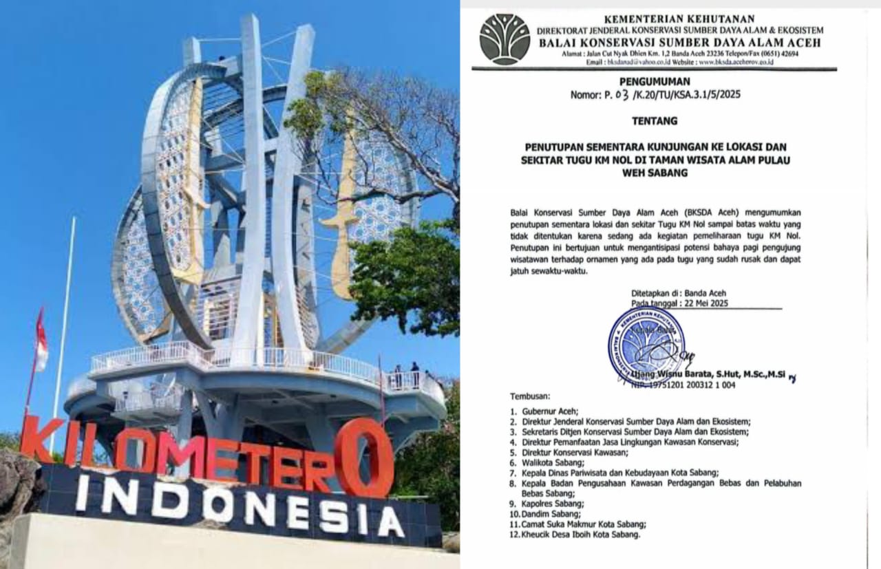 Tugu Kilometer Nol, ikon geografis yang menandai ujung barat Indonesia di Pulau Weh, Sabang, resmi ditutup sementara sejak 22 Mei 2024.
