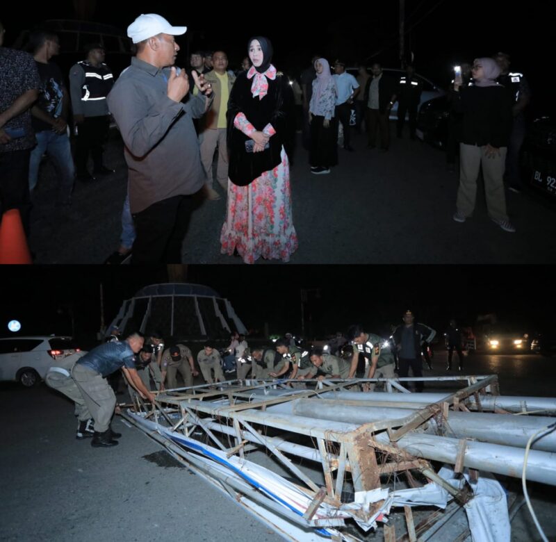 Wali Kota Illiza Sa’aduddin Djamal kembali memimpin aksi pembongkaran tiang baliho/reklame tak berizin atau ilegal dan melanggar aturan di Banda Aceh, Senin malam (26/5). (Foto: For Infoaceh.net)