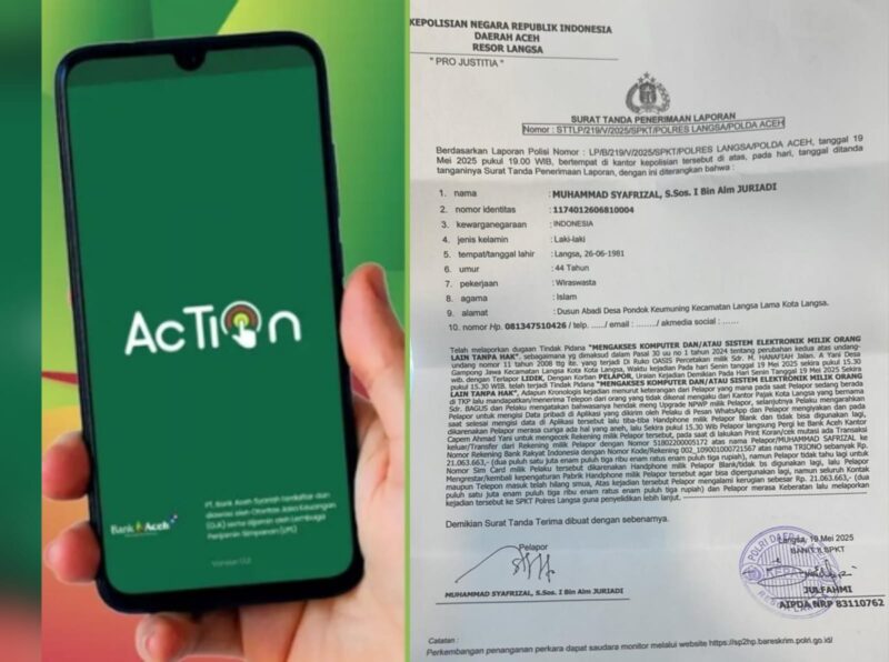 Akun Mobile Action dan rekening nasabah Bank Aceh Syariah, Muhammad Syafrizal (44), diretas. Sehingga, puluhan uang yang ada dalam rekening terkuras habis.