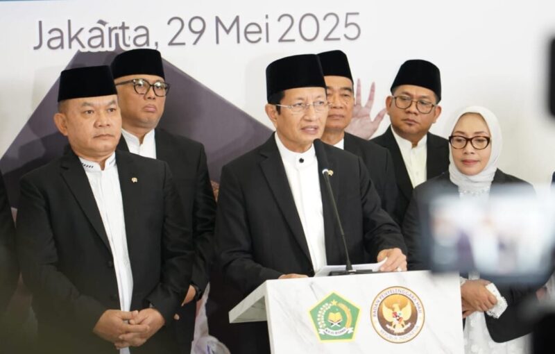Menteri Agama Nasaruddin Umar saat konferensi pers di Kantor Kementerian Agama RI, Kamis (29/5/2025)