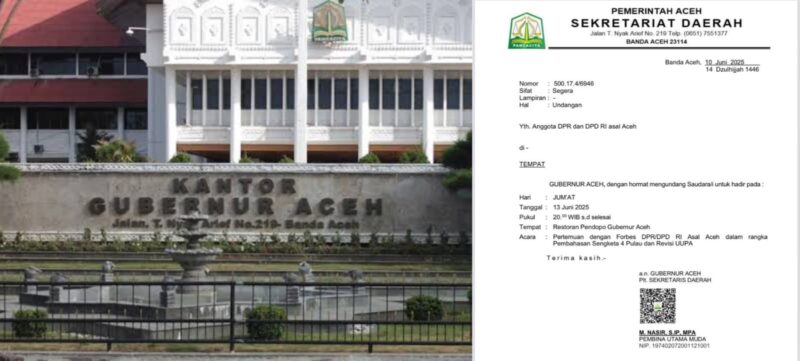 Pemerintah Aceh mengeluarkan undangan kepada para Anggota DPR RI dan DPD RI asal Aceh untuk menghadiri pertemuan membahas sengketa empat pulau dan revisi UUPA.