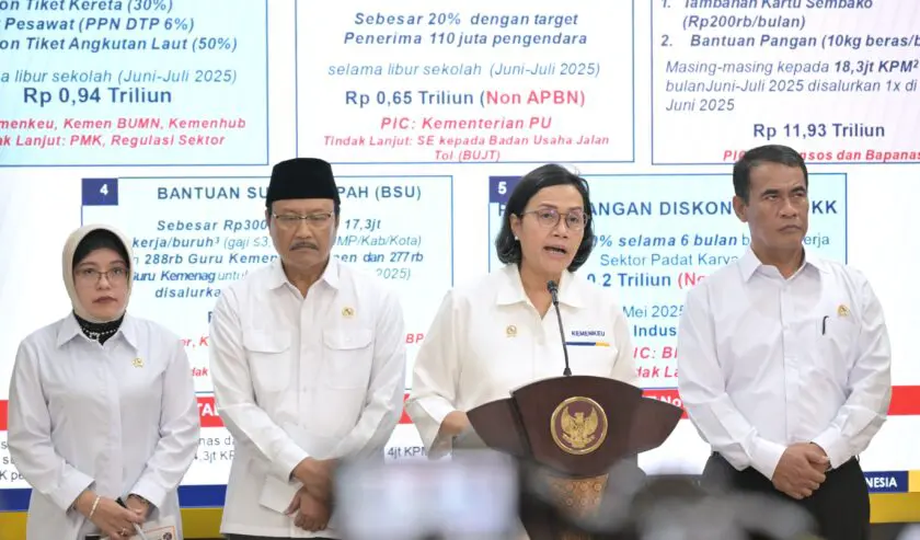 Sri Mulyani Indrawati Menkeu (kedua dari kanan) mengumumkan rencana pemberlakuan lima paket stimulus pemerintah untuk masyarakat, Senin (2/6/2025), di Kantor Presiden, Jakarta. Foto: Biro Pers Setpres