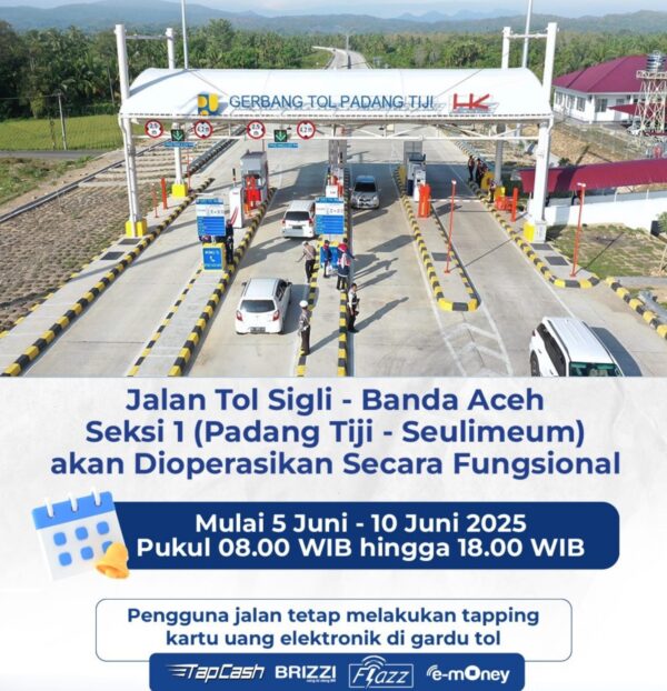 Hutama Karya mengoperasikan secara fungsional Jalan Tol Padang Tiji – Seulimeum selama enam hari mulai Kamis (5/6) hingga Selasa (10/6) untuk mendukung kelancaran arus lalu lintas selama libur Idul Adha 1446 Hijriah. (Foto: For Infoaceh.net)